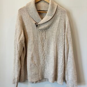 Men's Shawl Collar Cable Knit V-Neck Sweater - Cream